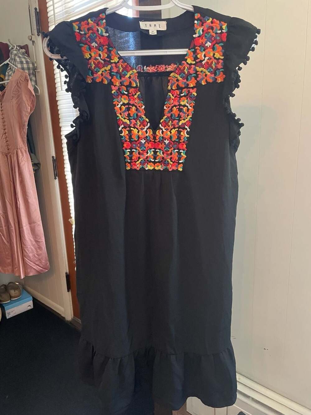 NWOT—THML Black Embroidered Bib Dress with Pom-Pom Ruffle Sleeves